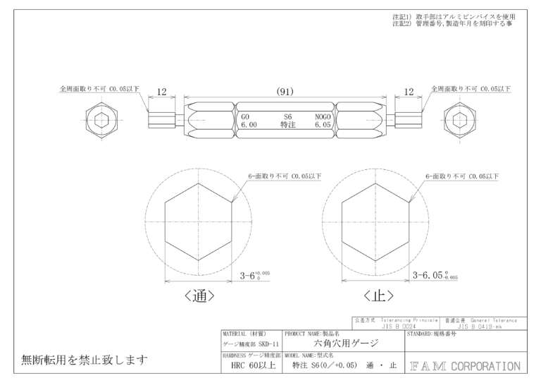 全周面取り不可の六角穴用ゲージ